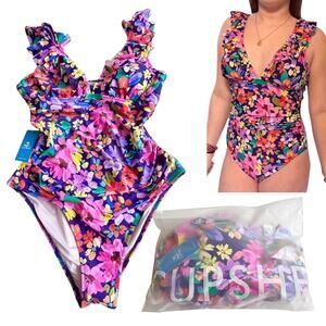 NEW Cupshe SWIMSUIT Women's LG Ruffled One Piece Floral V Neck Lace Up Back NWT